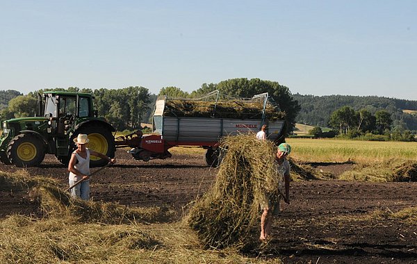 Das vom Ladewagen abgeladene Mähgut wird händisch oder maschinell auf der Fläche verteilt. ©J. Späth