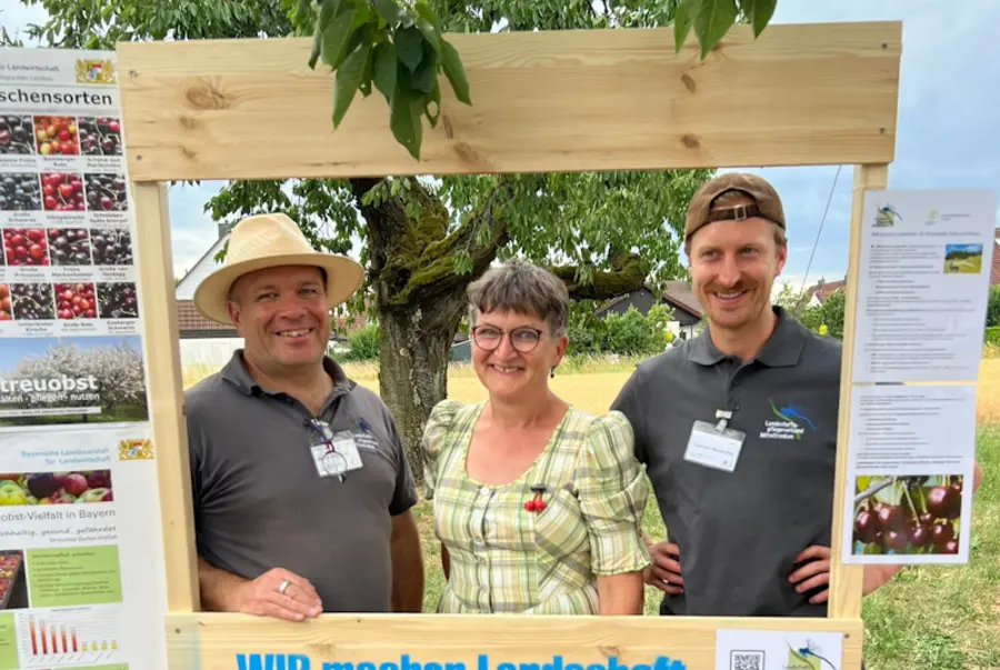 Personen in Holzrahmen vor Kirschbaum