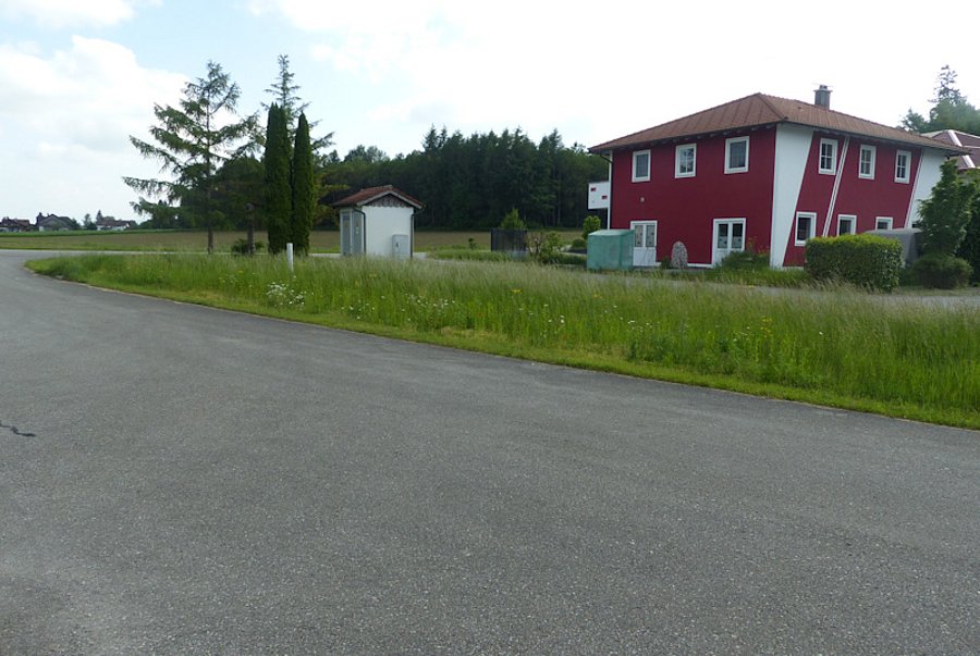 Straße mit Grünsteifen am Ran mit Trafo-Häuschen