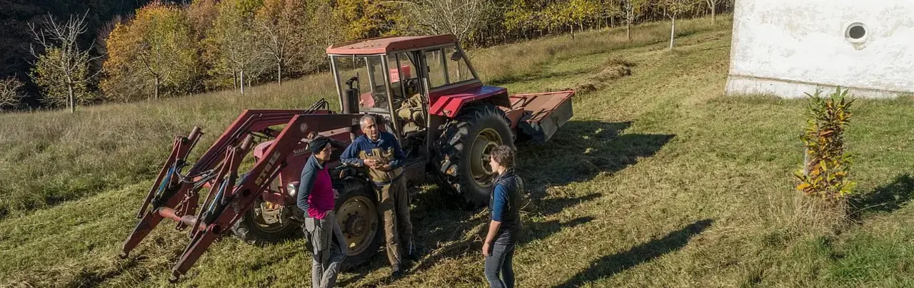 2 Männer und eine Frau und ein Traktor