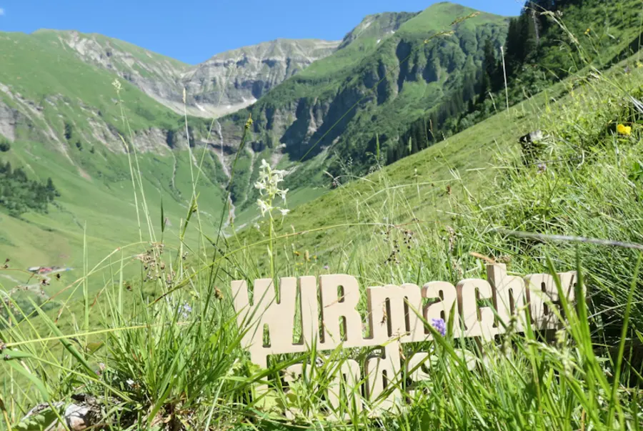 Schriftzug vor Alpenlandschaft