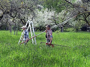 WIR machen Landschaft ©P. Roggenthin 2 Männer mit Geräten zwischen Streuobstbäumen